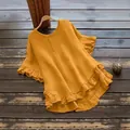 Plus size ginger yellow top with ruffle hem and flared sleeves in pleated ice silk - 1XL / Tops / Yellow