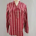 Classic women's long sleeve button-up shirt featuring vertical red and white stripes - S / Tops / Burgundy