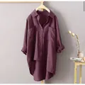 Camisa informal de mujer en algodón y lino color morado oscuro con mangas largas - S / Tops / Rojo