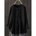 Elegant loose black cotton linen long-sleeved blouse featuring a pleated round neck design - M / Tops / Black