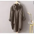 Chemisier décontracté en coton et lin pour femme avec poches et ourlet asymétrique chic - Café