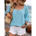 Women's casual light blue linen top with three-quarter sleeves for summer vacation - S / Tops / Sky Blue