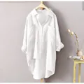 Camisa informal de lino blanco para mujer con bolsillos dobles y diseño de ajuste holgado - S / Tops / Blanco