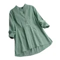 Close-up of green gingham long-sleeved shirt with mandarin collar and button detail - S / Tops / Green