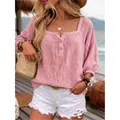 Casual pink linen top with 3/4 sleeves and square neck for beach vacation style. - S / Tops / Pink