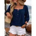 Stylish women's casual navy blue linen top with three-quarter sleeves for beach vacation - S / Tops / Navy Blue