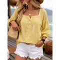 Camicetta in lino giallo casual con maniche a tre quarti per vacanze estive - Giallo