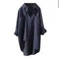 Chemise décontractée pour femme en coton et lin bleu marine avec poches poitrine - Bleu marine