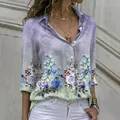 Detailed view of women's lavender floral print long-sleeve shirt with button closure - 3XL / Tops / Lavender Purple Gradient Floral