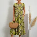 Damen Sommer Maxikleid aus Baumwolle und Leinen mit Blumendruck und Taschen - S / Oberteil Und Unterteil / Gelbe Blume