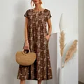 Robe d'été mi-longue ample en coton et lin avec imprimé floral et poches latérales - S / Hauts / Fleur Café