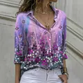 Close-up detail of a purple floral long-sleeve blouse with a lapel collar and buttons. - 3XL / Tops / Dreamy Purple-Blue Gradient Print
