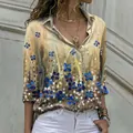 Elegant floral print button-down shirt for women with classic lapel and casual long sleeves - 3XL / Tops / Earth Tone Blue Floral Print