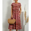 Summer bohemian floral print cotton linen midi dress with pockets and loose fit for women - S / Tops / Red Flower