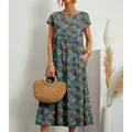Boho loose teal cotton linen summer dress with orange floral print and functional pockets - S / Tops / Green Small Floral
