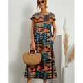 Boho style cotton linen midi dress with geometric ethnic print and pockets for summer. - S / Tops / Black Plaid