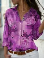 Close-up detail of women's purple floral printed long sleeve blouse with buttons - 3XL / Tops / Purple Floral