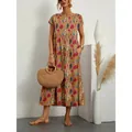 Bohemian floral print cotton linen midi dress with side pockets and loose round neck - S / Tops / Earthy Yellow