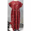 Loose-fit cotton linen maxi dress featuring vintage floral prints and side pockets in deep red - S / Top And Bottom / Red Flower