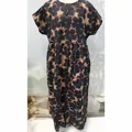 Loose fit round neck cotton linen dress with vintage floral print for summer wear - S / Tops / Navy Blue Floral