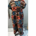 Summer cotton linen maxi dress with bohemian print, round neck, and side pockets - S / Tops / Black Plaid