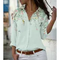 Women's elegant mint green loose long-sleeved lapel shirt with bird and floral prints - 3XL / Tops / Mint Green Print
