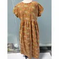 Loose cotton linen floral print maxi dress in mustard yellow with round neck. - S / Tops / Earthy Yellow