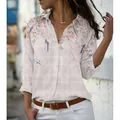 Women's elegant loose fit floral bird print long sleeve button down lapel shirt top - 3XL / Tops / Artistic Floral Bird Print