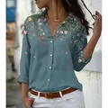Elegant women's loose long sleeve button-down shirt with floral and bird print - 3XL / Tops / Teal Floral Bird Print
