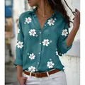 Elegant woman's long sleeve teal shirt featuring white floral prints and button-down front - 3XL / Tops / Teal with White Floral
