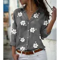 Women's loose long-sleeve gray shirt with elegant white floral print and lapel - 3XL / Tops / Dark Grey Floral
