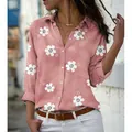 Elegant pink loose-fit long-sleeve shirt with white floral print and lapel collar for women. - 3XL / Tops / Pink Floral