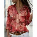 Elegant red floral print long sleeve button-down shirt for women with loose lapel design - 3XL / Tops / Red-Orange Bohemian Print
