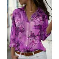 Elegant women's purple floral print shirt with long sleeves and single-breasted lapel design - 3XL / Tops / Purple Print