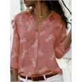 Women's loose long-sleeved button-down shirt with elegant white dragonfly print in salmon - 3XL / Tops / Orange Pink Dragonfly Print