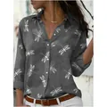 Elegant grey long sleeve button-down shirt featuring a white dragonfly print and lapel - 3XL / Tops / Grey Dragonfly Print
