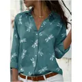 Teal long sleeve button down shirt with white dragonfly print for women - 3XL / Tops / Cyan Green Dragonfly Print