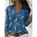 Casual blue long-sleeved button-down shirt featuring an elegant white dragonfly print. - 3XL / Tops / Fog Blue Dragonfly Print