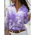 Elegant purple long-sleeve button-down shirt featuring butterfly and floral print designs - 3XL / Tops / 紫色蝴蝶花卉印花