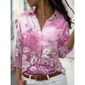 Casual pink floral and butterfly print button-down long-sleeve shirt for women - 3XL / Tops / 粉紫蝴蝶碎花印花