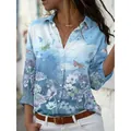 Women's elegant floral and butterfly print button-down shirt in blue and white gradient - 3XL / Tops / Blue and White Gradient Butterfly Print