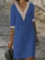 Detailed view of the blue linen dress featuring elegant V-neck and lace trim sleeves. - S / Blue