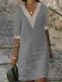 Close-up detail showing the elegant V-neckline and lace trim on a grey linen dress - 2XL / Gray