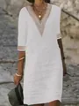 Detail of a white V-neck cotton linen dress featuring intricate lace trim on sleeves - White