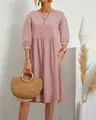 Loose mauve cotton-linen midi dress with lantern sleeves and side pockets - S / Tops / Pink