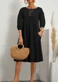 Elegant black cotton linen pleated midi dress featuring lantern sleeves and functional pockets - S / Tops / Black