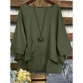 Blouse en lin vert foncé pour femme avec ourlet irrégulier et poche poitrine décorative - S / Hauts / Vert Militaire