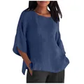 Dettaglio della trama della camicetta blu navy in cotone lino con maniche 3/4 e scollo - Taglia S / Top / Blu Notte