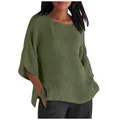 Vista dettagliata della camicetta da donna in cotone e lino verde oliva con maniche a tre quarti. - Taglia S / Top / Verde militare