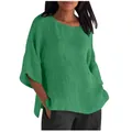 Vista dettagliata della camicetta da donna in cotone e lino verde con maniche a 3/4 - Taglia S / Top / Verde